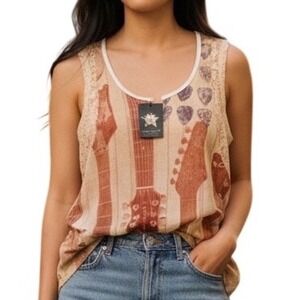 Living Doll Guitar Graphic Lace Tank Top Womens Large Cream Rocker Boho NWT
